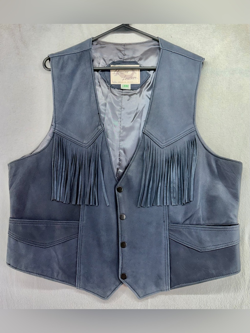 Vintage Leather Blue Suede Fringe Vest Snap Western Cowgirl XXL